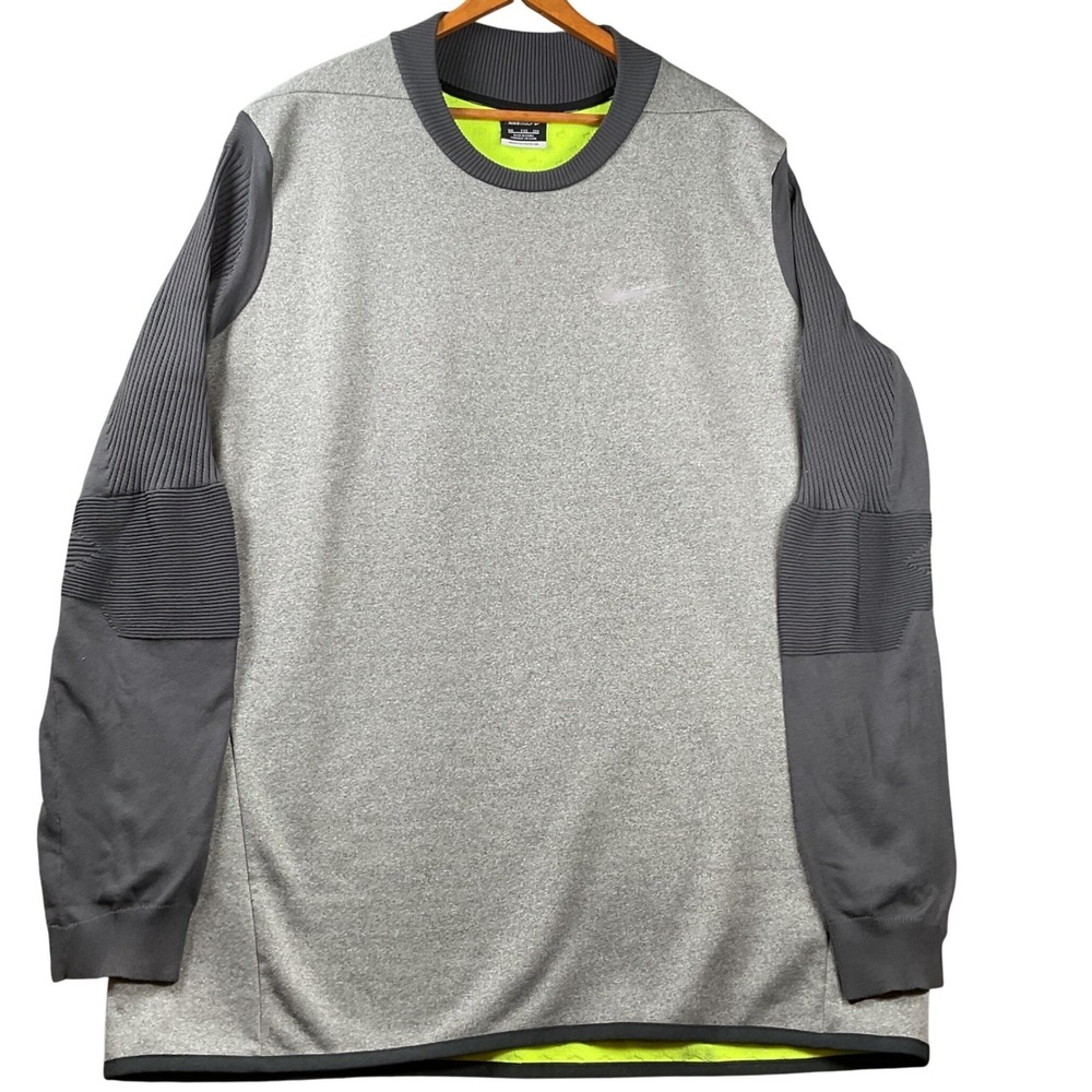 Nike‎ Golf Pullover Mens XXL Grey Crewneck Ribbed Sleeve Neon Fleece Lined Swish